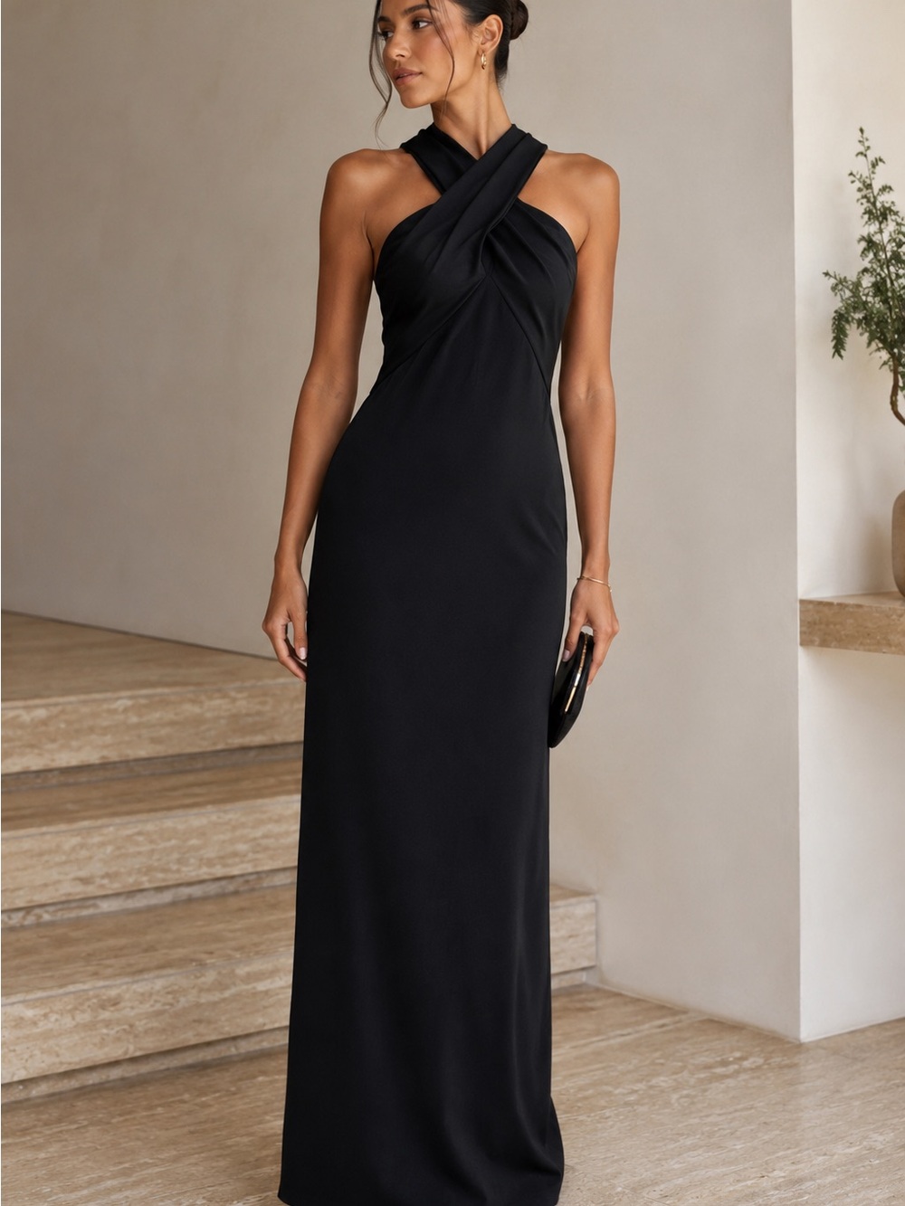 Pronovias Barcelona Black Cross-Neck Maxi Gown with Back Detail